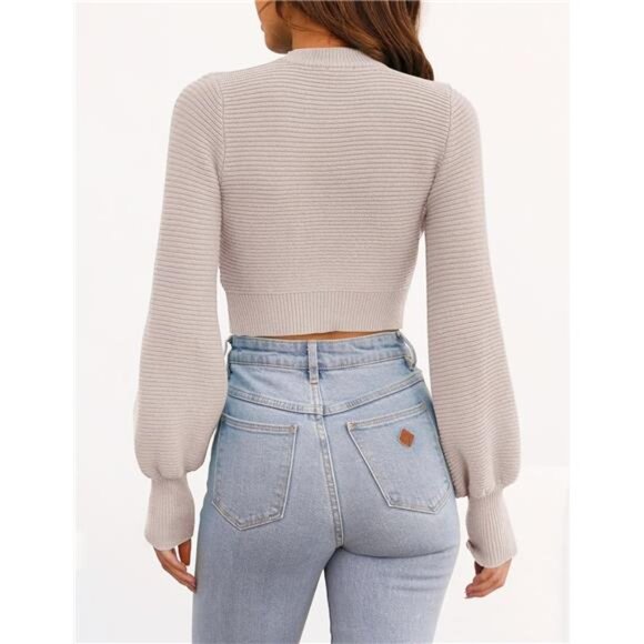Womens Cropped Sweater Long Sleeve Mock Neck Ribbed Knit Pullover Fall Winter To - Picture 4 of 7